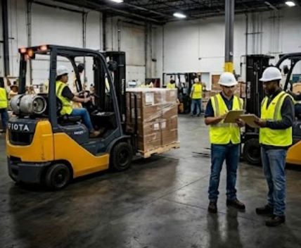 Crew and forklifts working the warehouse floor