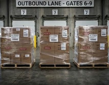 Wrapped and labeled pallets staged in the outbound lane