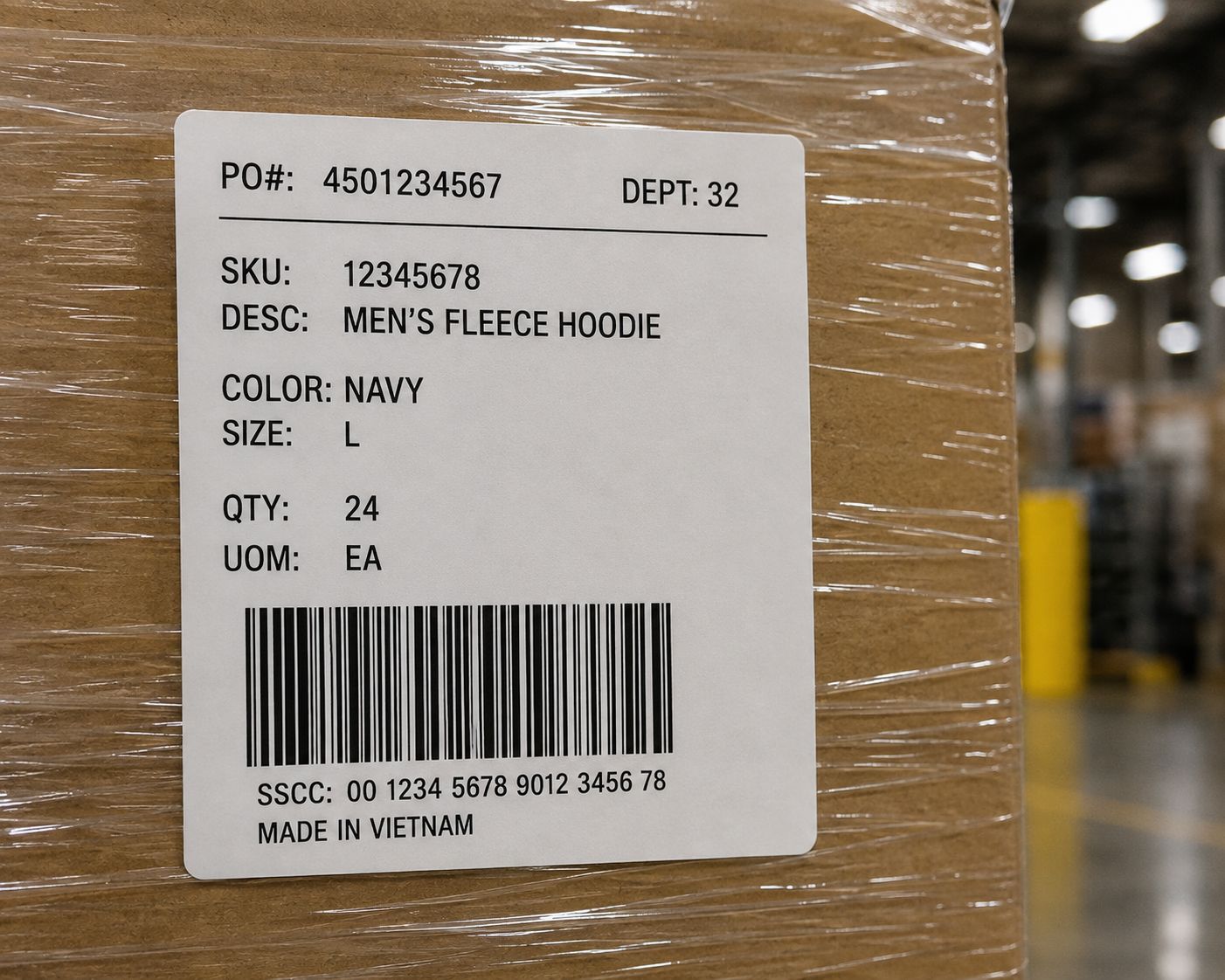 Manifest label on a shrink-wrapped pallet